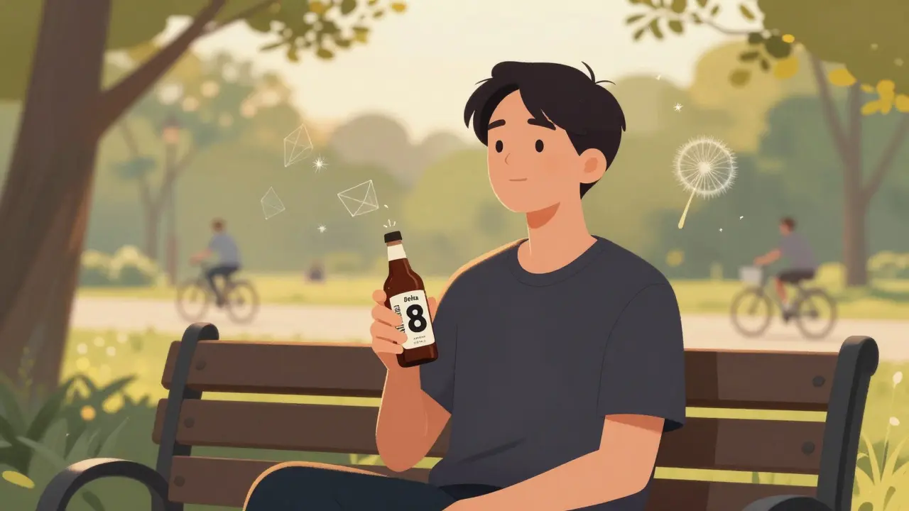 Person auf einer Parkbank, ruhig und wach, hält ein Cannabisgetränk, umgeben von weichem Licht und Natur im Abendlicht.