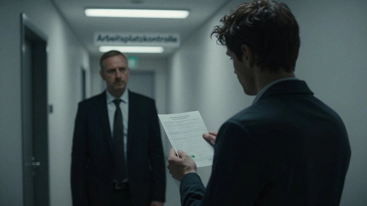 Person hält ein positives Drogentest-Ergebnis in einem Büro, während ein Vorgesetzter sie beobachtet.