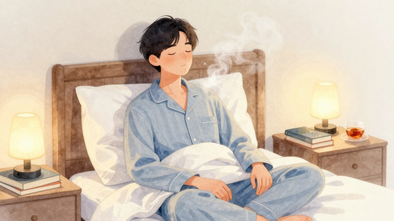 Person in Pyjama sitzt ruhig im Bett, warmes Licht und Duftdiffusor im Hintergrund.