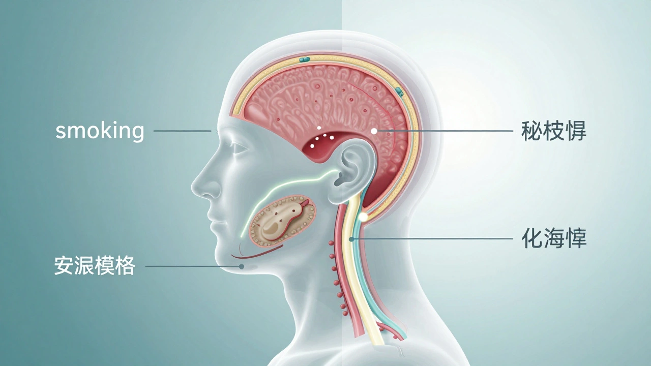 Querschnitt eines Kopfes, der die sublinguale Aufnahme von Cannabinoiden zeigt.