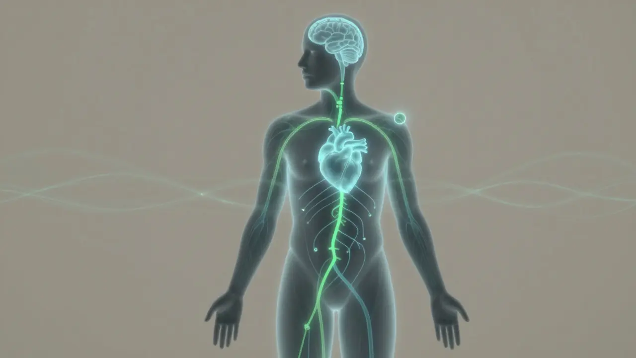 Silhouettierter Mensch mit leuchtendem Endocannabinoid-System, symbolisiert innere Balance.