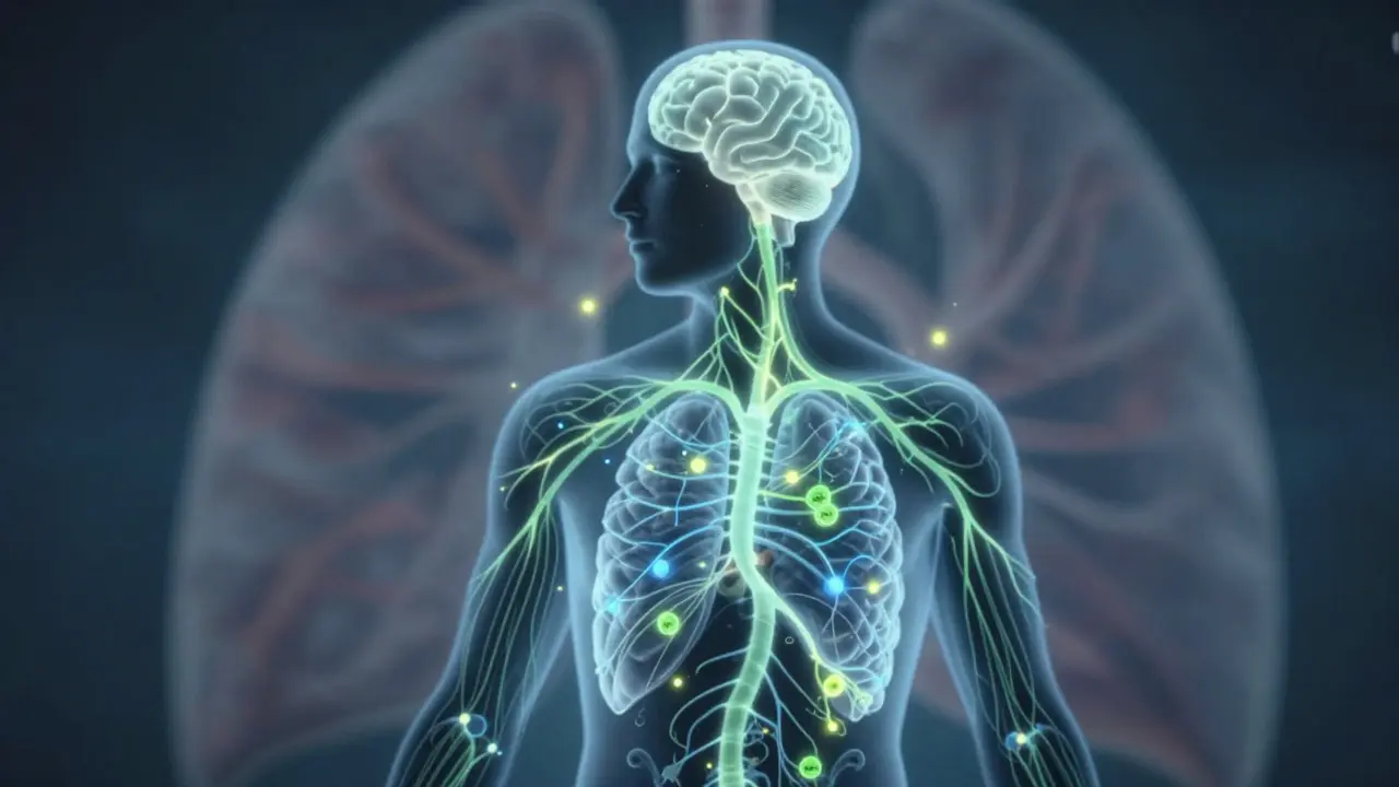 Silhouettierter Mensch mit leuchtenden Nervenwegen und CBD-Molekülen im Blutstrom.