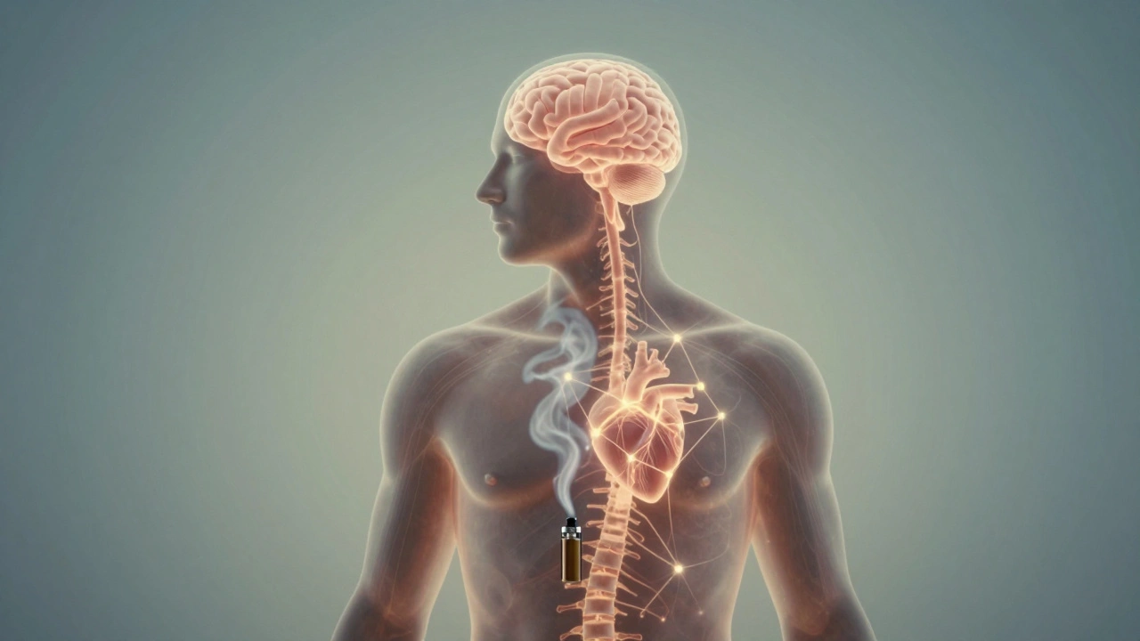 Transluzente Silhouette mit leuchtendem Endocannabinoid-System, das durch CBD-Dampf aktiviert wird.