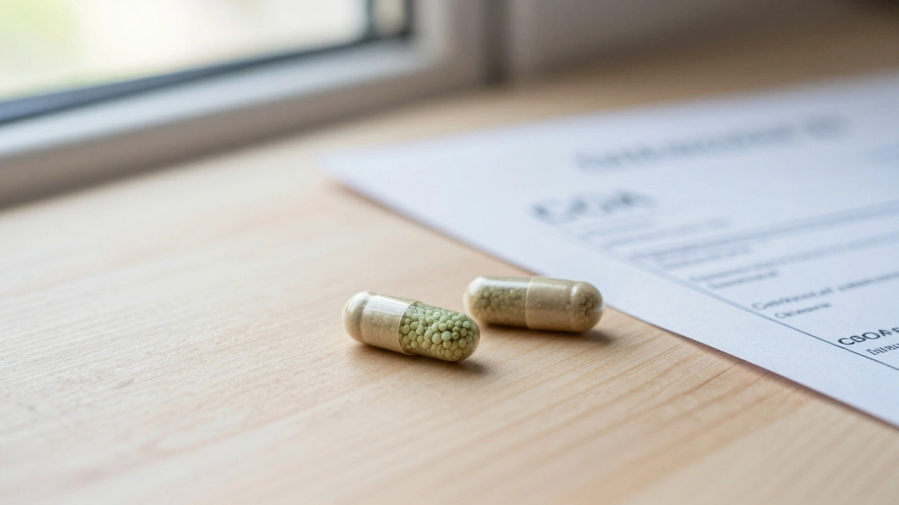 Zwei CBD-Kapseln, eine geöffnet, mit Zertifikat auf Holzoberfläche.