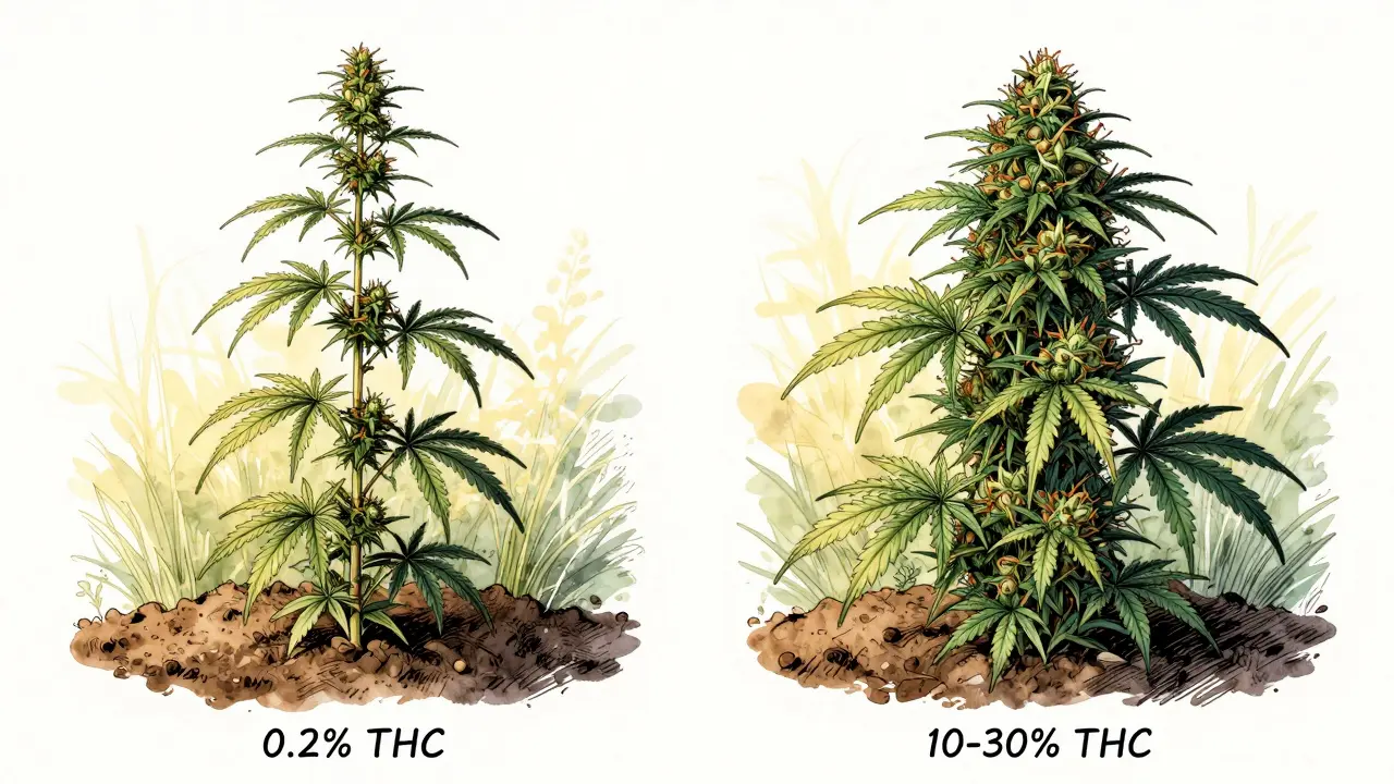 Zwei Pflanzen: Hanf mit niedrigem THC links, Marihuana mit hohem THC rechts, im botanischen Stil dargestellt.