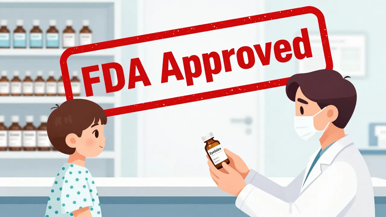 Apotheker gibt einem Kind ein verschreibungspflichtiges CBD-Medikament