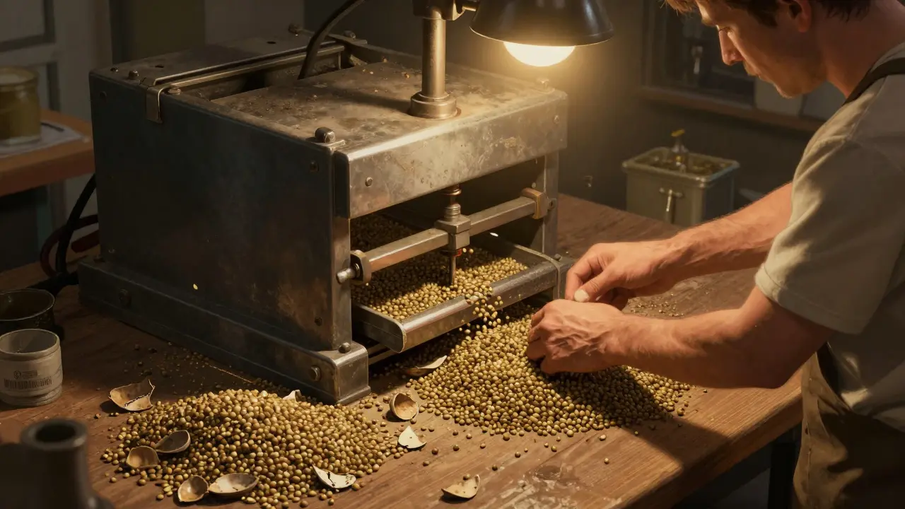 Arbeiter in einer kleinen Verarbeitungsanlage entfernen manuell die Schalen von Hanfsamen.
