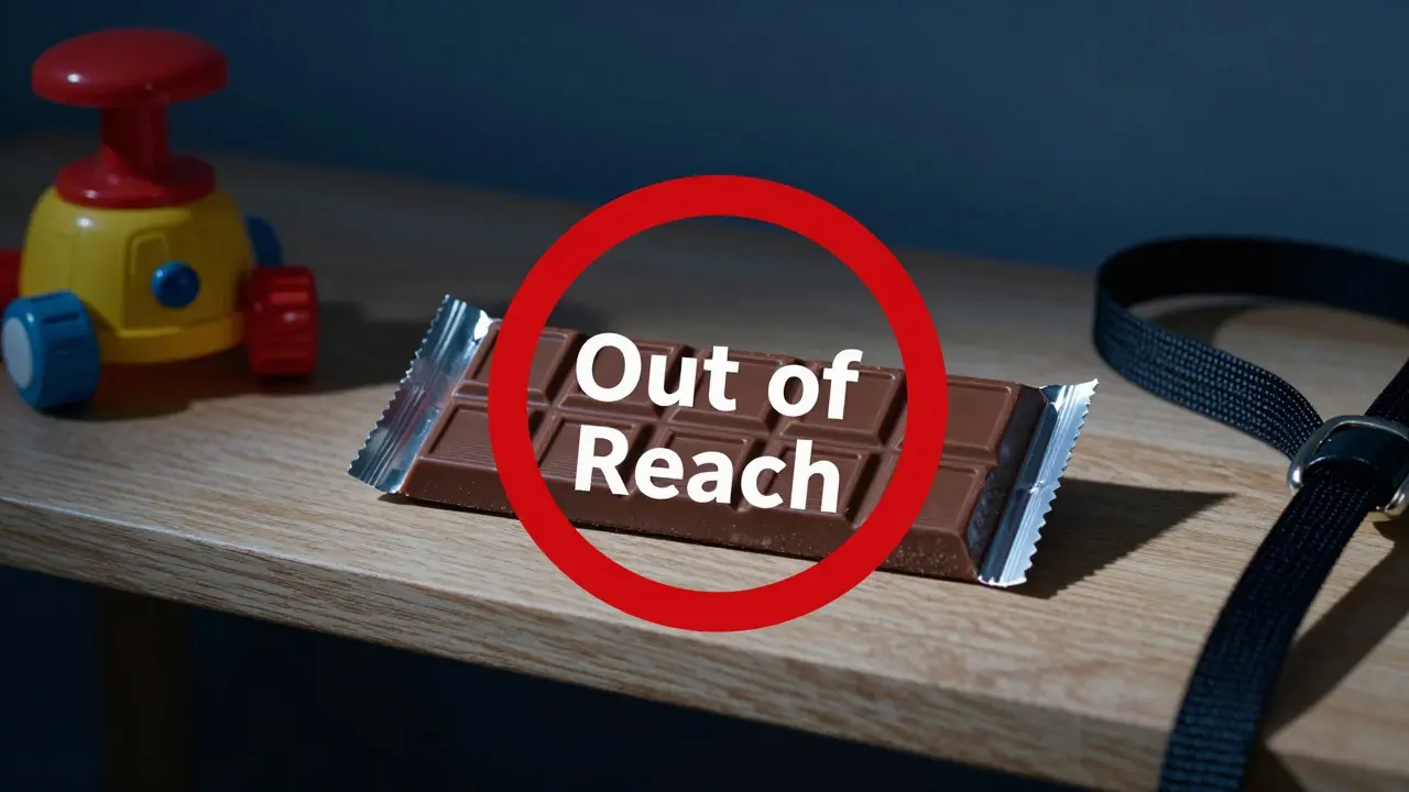 Cannabis-Schokolade auf einem Regal neben Spielzeug und Hundeleine, mit Warnsymbol.