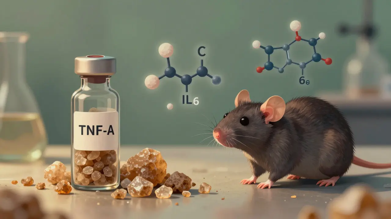 CBD-Crumble-Kristalle neben einer Maus mit geschwollenen Gelenken und entzündungshemmenden Molekülen.