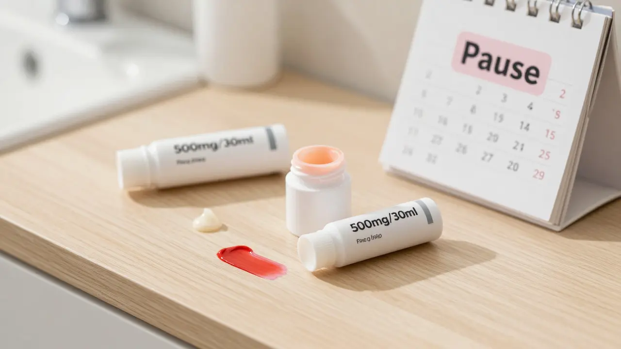 Drei CBD-Cremes auf einer Fensterbank, eine mit Pause-Kennzeichnung und Rötungsspuren.