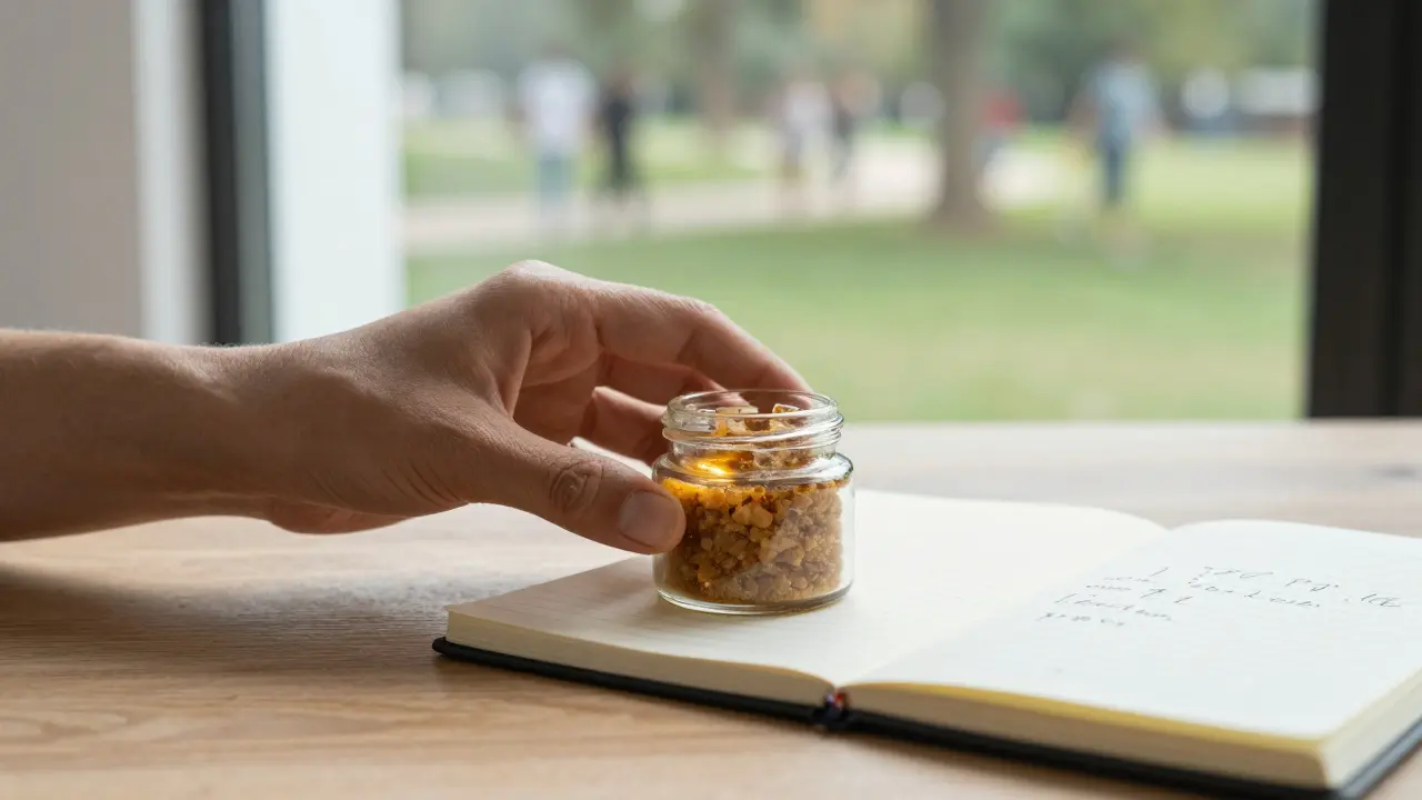 Ein Glas mit CBD Crumble auf einem Holztisch neben einem Notizbuch, morgendliches Licht.