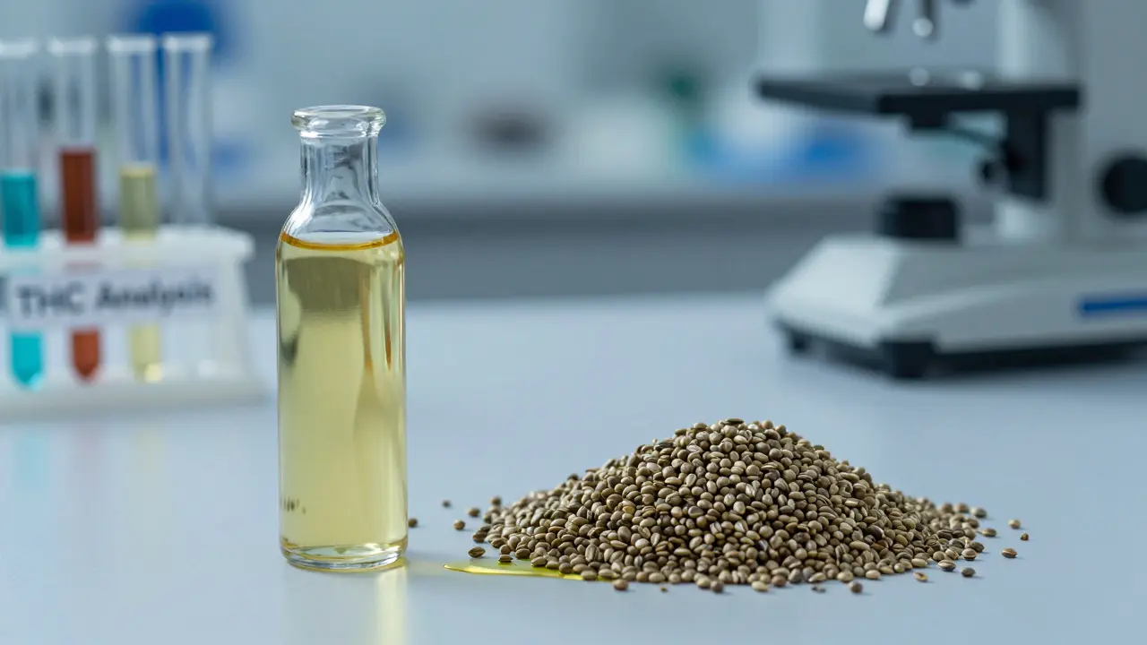 Eine Flasche kaltgepresstes Hanföl neben 3 kg Hanfsamen, symbolisiert den hohen Rohstoffaufwand.