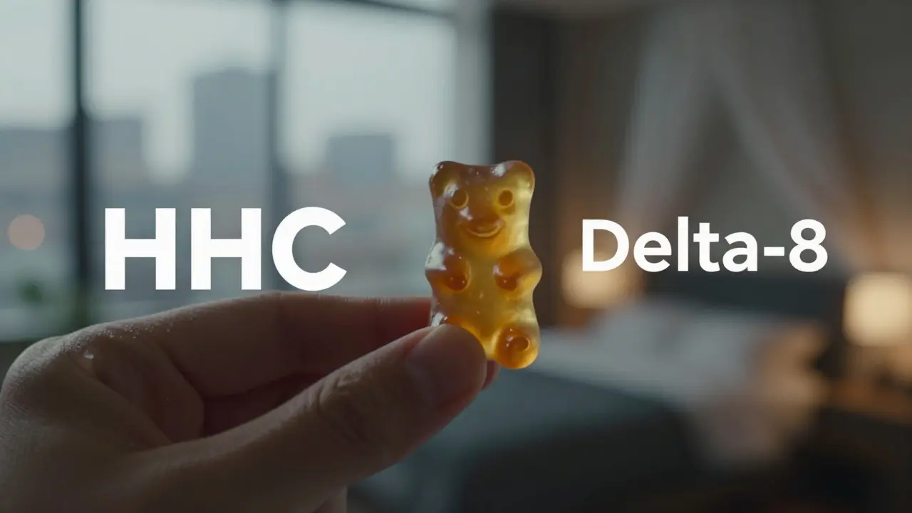 Eine Hand hält einen Gummibärchen, Hintergrund zeigt klare Stadt und ruhiges Schlafzimmer.