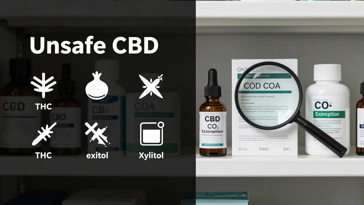 Gegensatz: Unsicheres CBD links mit Gefahren, sicheres CBD rechts mit Zertifikat und CO2-Extraktion