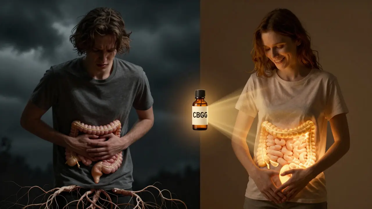 Gegensatzbild: gestresste Person mit Bauchschmerzen links, entspannte Person mit gesundem Darm rechts, verbunden durch CBG-Flasche.
