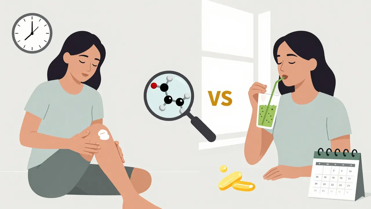 Gesichter einer Frau: links mit CBD-Creme und Entspannung, rechts mit Hanföl-Smoothie und Sonnenlicht.