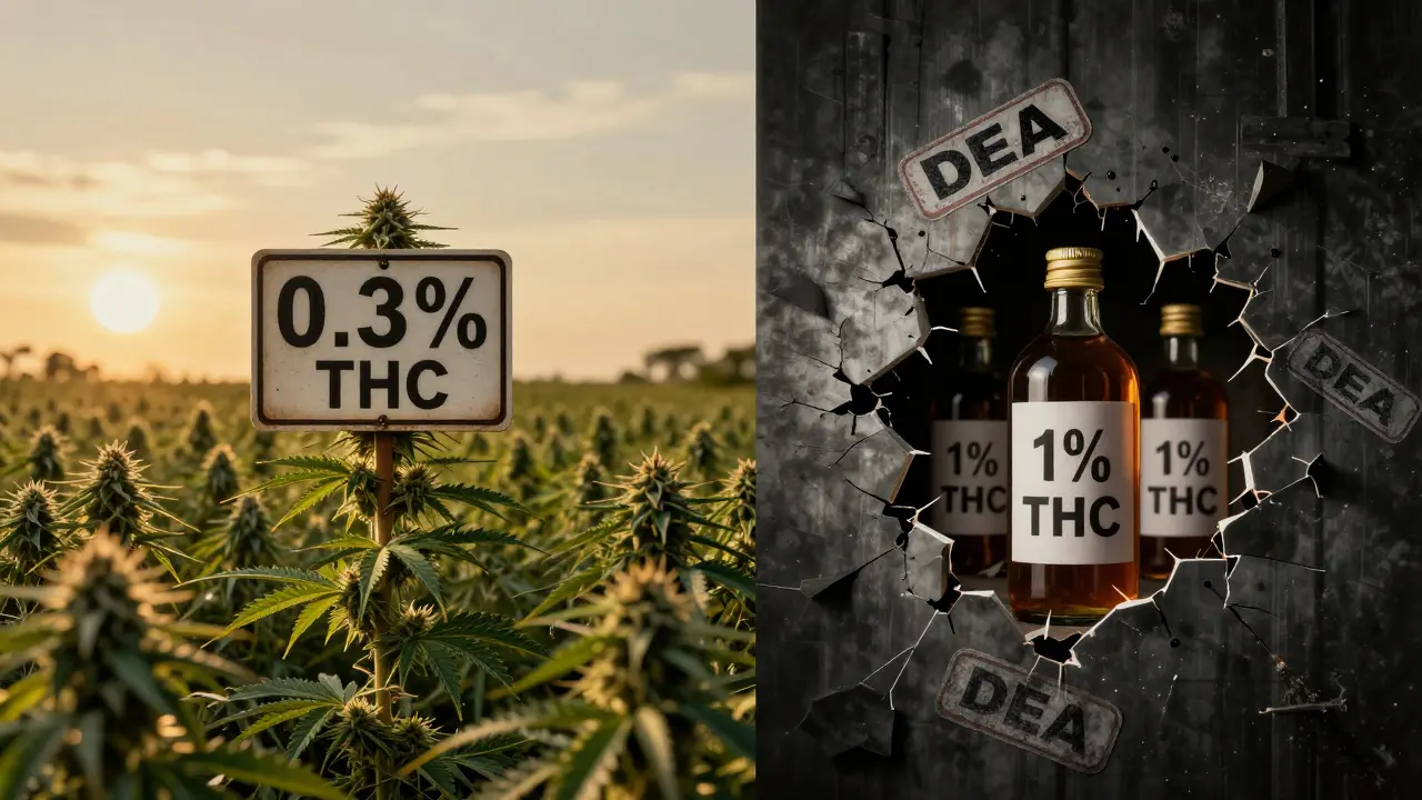 Gespaltenes Landschaftsbild: legaler Hanf vs. illegaler THC-reicher CBD-Verkauf