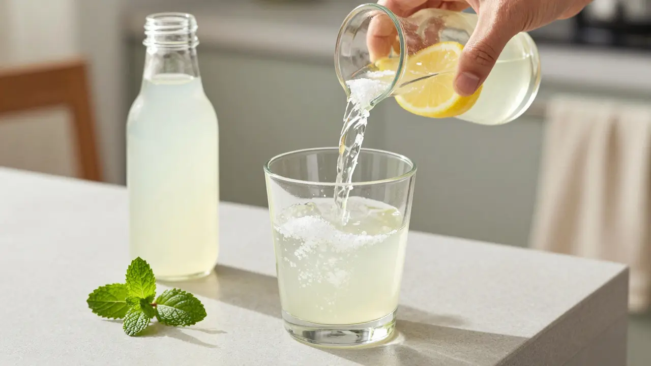 Hand gießt Wasser mit Salz und Zitrone in ein Glas, neben Kokoswasser.