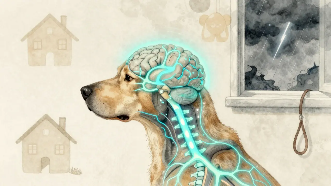 Innere Ansicht eines Hundes mit leuchtenden Nervenwegen, die das Endocannabinoid-System darstellen.