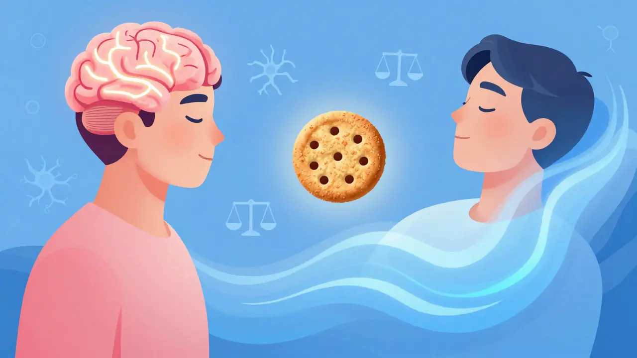 Konzeptuelles Bild: Zwei Zustände einer Person – klar und entspannt – vereint durch einen CBD-Cookie.