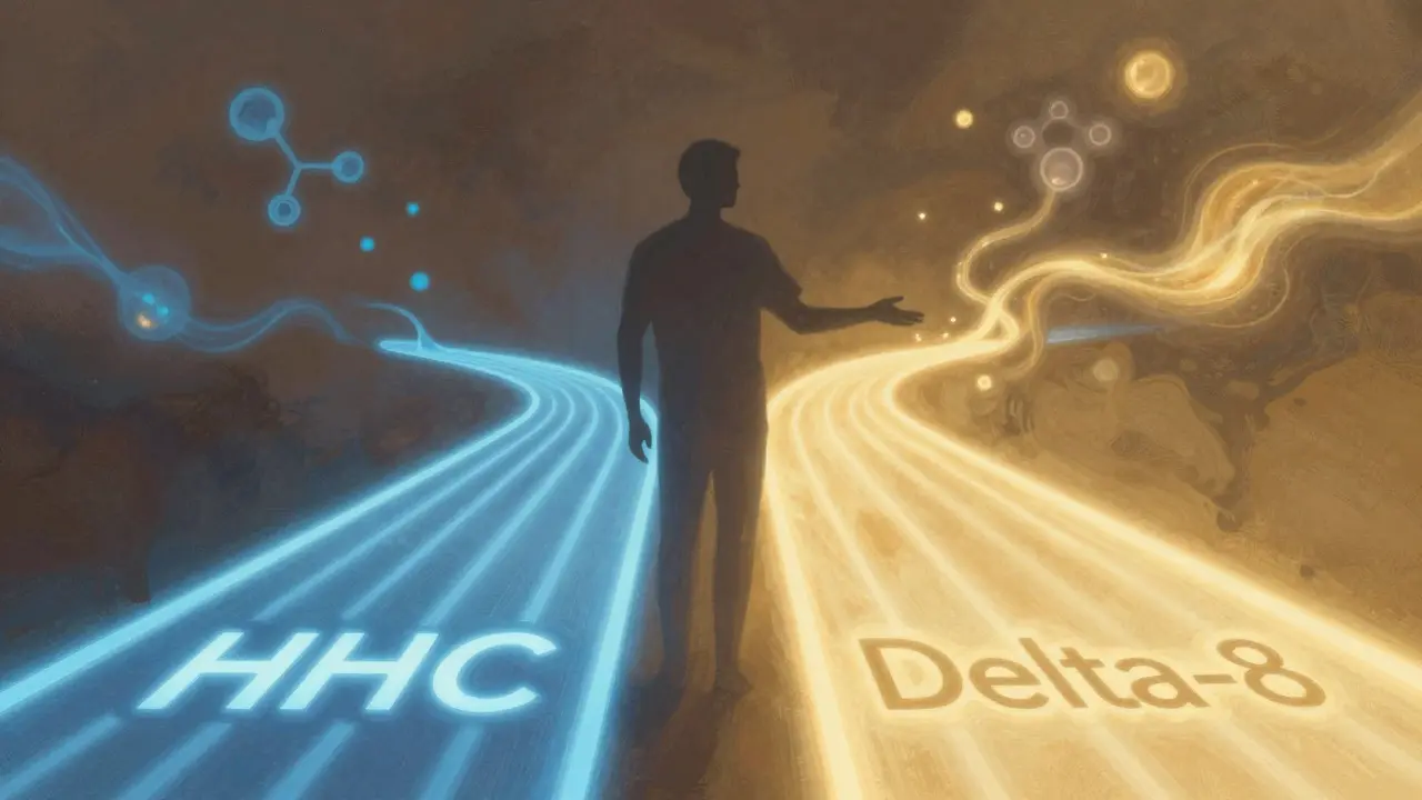 Menschliche Silhouette zwischen zwei Lichtwegen, symbolisch für HHC und Delta-8.