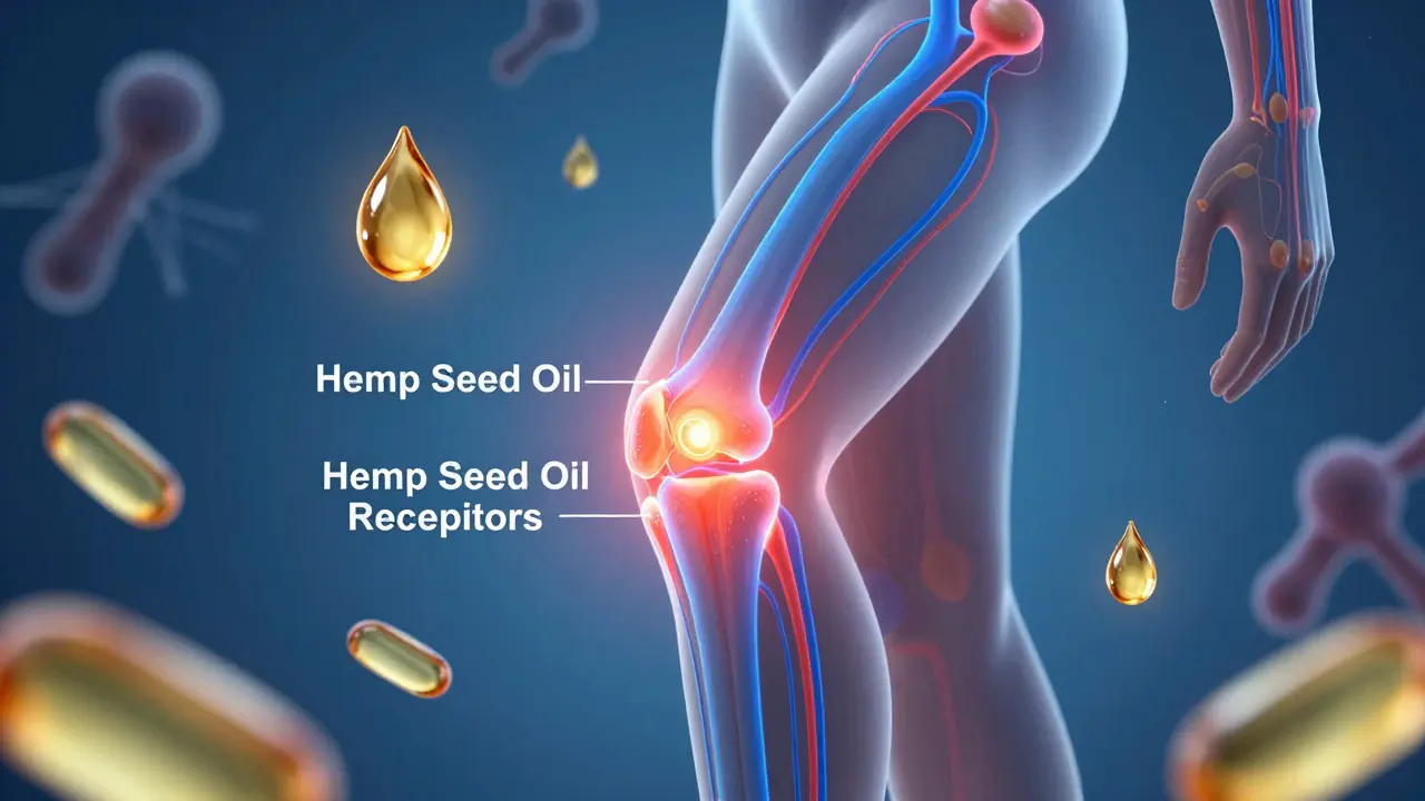 Menschlicher Körper mit blauen CBD-Wirkpfaden an einem schmerzenden Knie und goldenen Nährstofftropfen um den Körper herum.