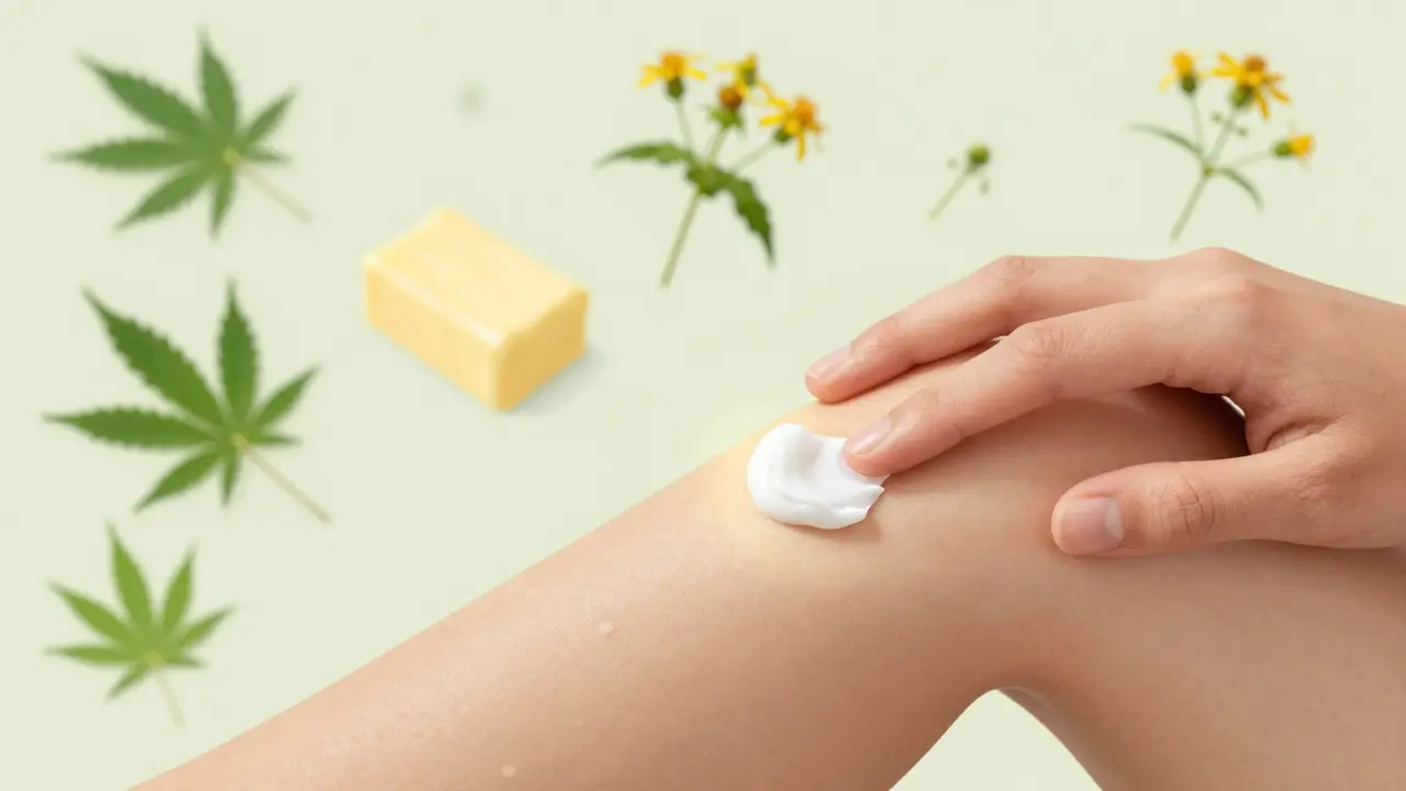 Nahaufnahme einer Hand mit CBD-Creme auf einem entzündeten Gelenk, umgeben von natürlichen Zutaten wie Hanf und Arnika.