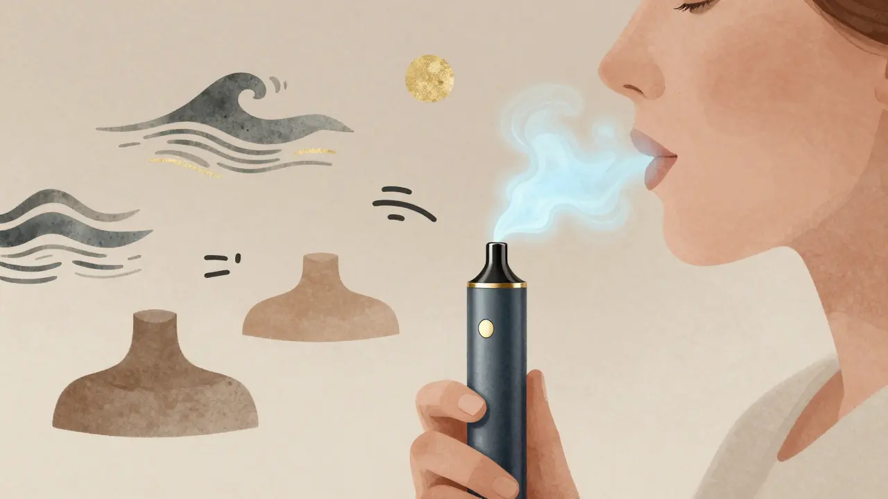 Person atmet beruhigenden Dampf aus einem Vaporizer ein, abstrakte Entspannungssymbole