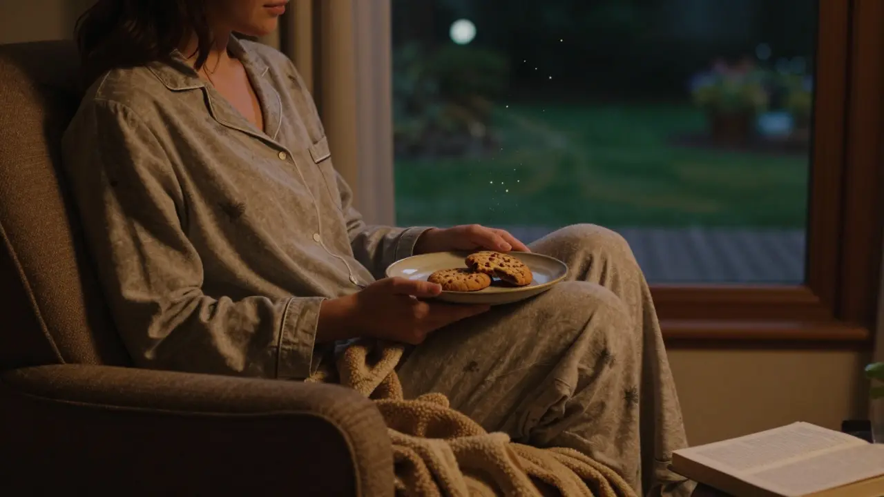 Person entspannt abends in einem Sessel mit einem CBD-Cookie, sanftes Licht und ruhige Atmosphäre.