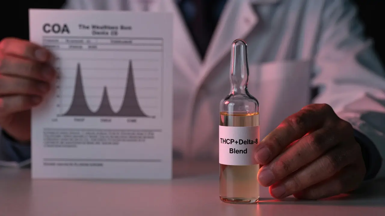 Person hält eine Mischflasche mit THCP und Delta-8, hinter ihr ein Laborbericht mit klaren Analyse-Daten.