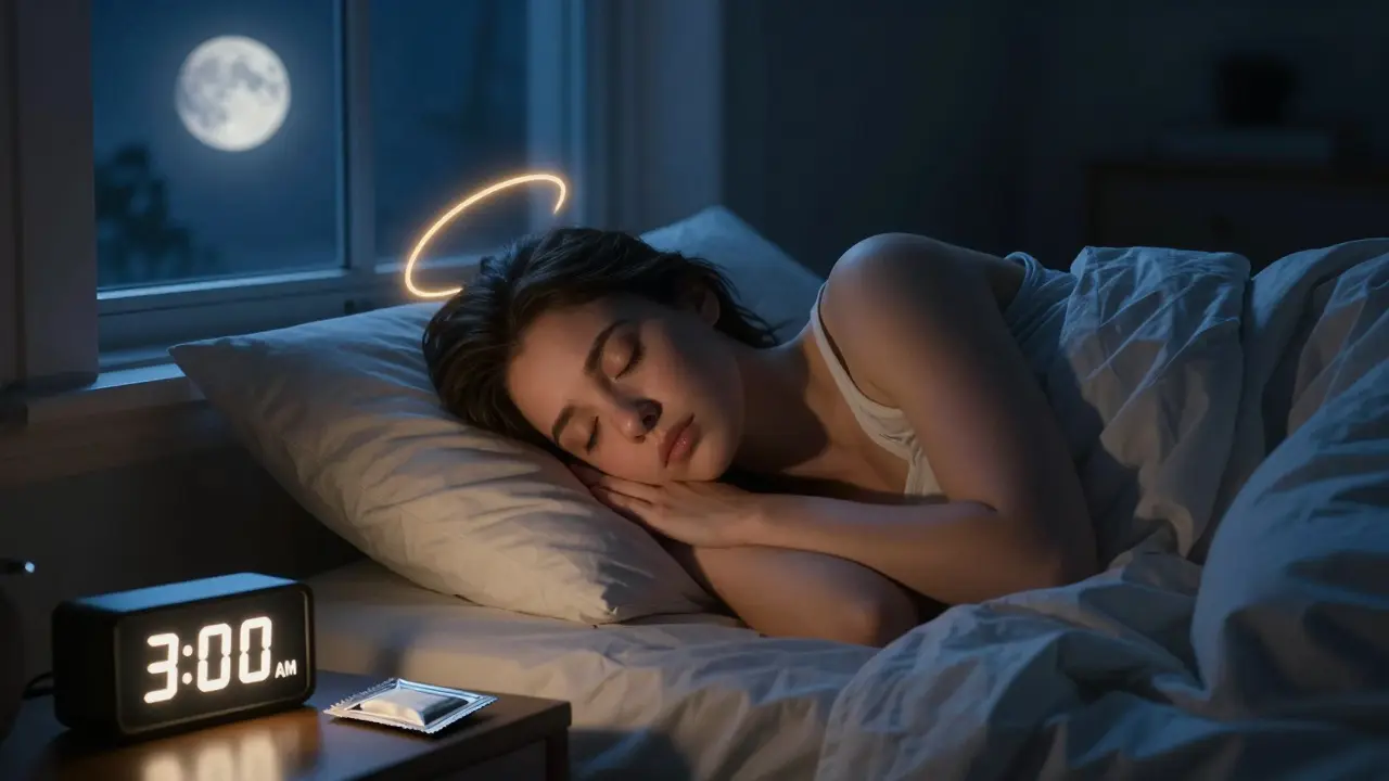 Person schläft friedlich, goldene Lichtkreise deuten auf nachwirkende CBD-Wirkung hin