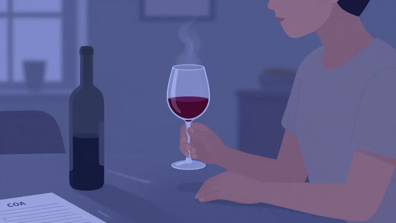 Person trinkt Wein, der leicht leuchtendes Nebelgas abgibt