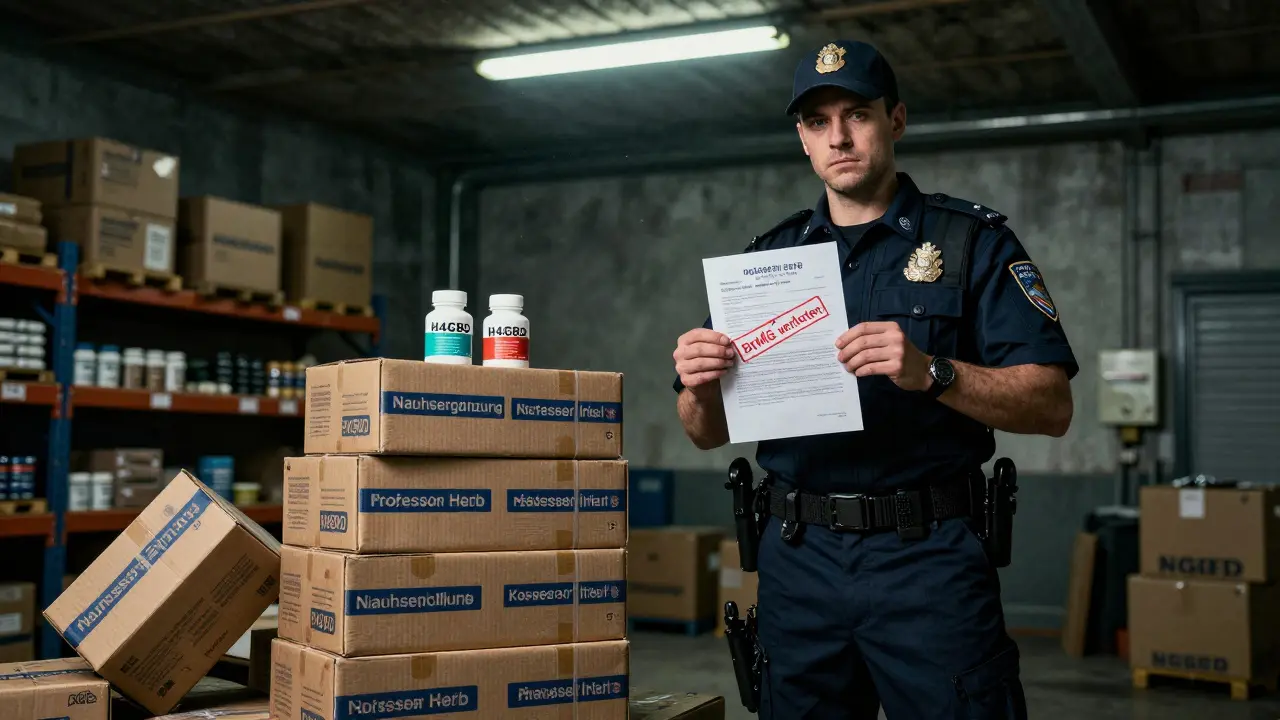 Polizist hält beschlagnahmte Produkte und Laborbericht mit 'H4CBD verboten'