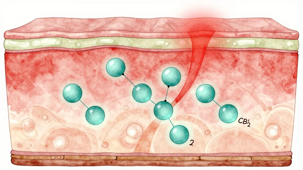 Querschnitt der Haut mit CBD-Wirkung in der Oberhaut und Reizung durch Überanwendung.