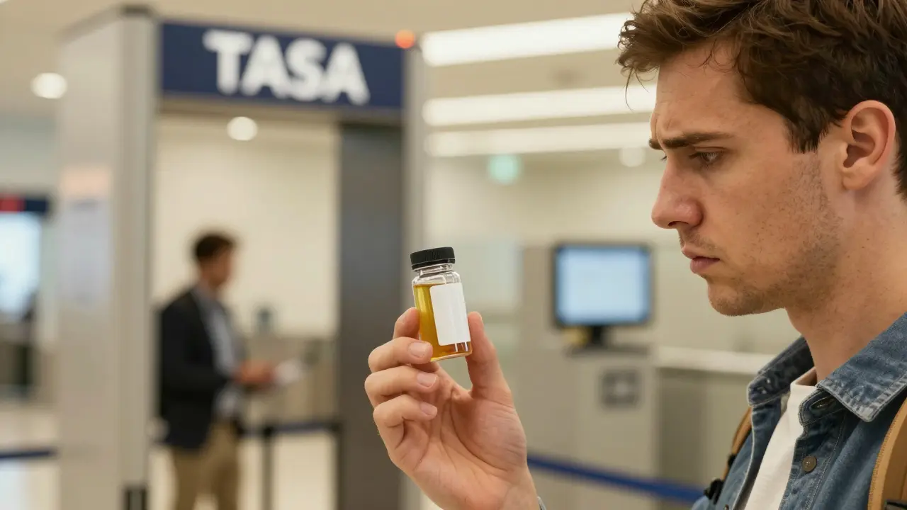 Reisender mit CBD-Isolat-Verpackung an einem Flughafen-Sicherheitscheck.