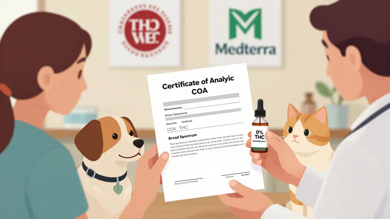 Tierarzt zeigt Petbesitzern ein CBD-Öl mit 0 % THC und Zertifikat, während Hund und Katze daneben sitzen