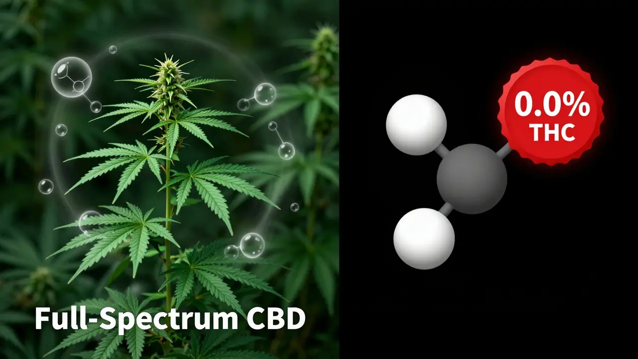 Vergleich: Vollspektrum-Hanf mit CBD-Molekül in Isolation und 0,0% THC-Symbol.