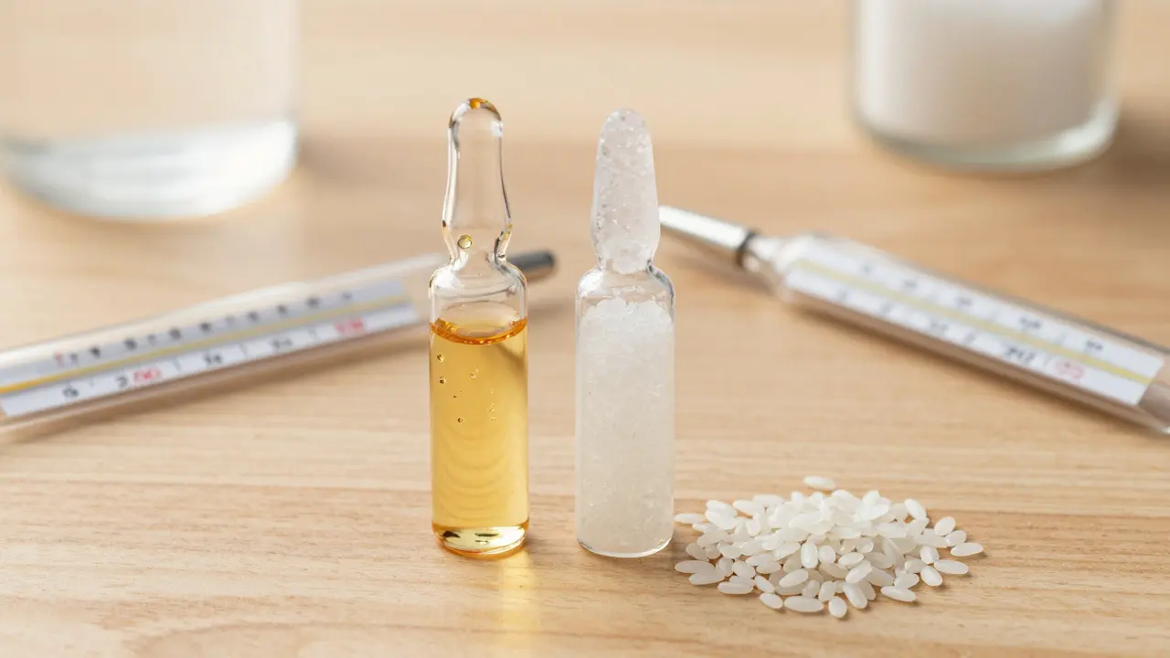 Zwei CBD-Fläschchen mit Öl und Kristallen neben einem Thermometer und einem Reiskorn