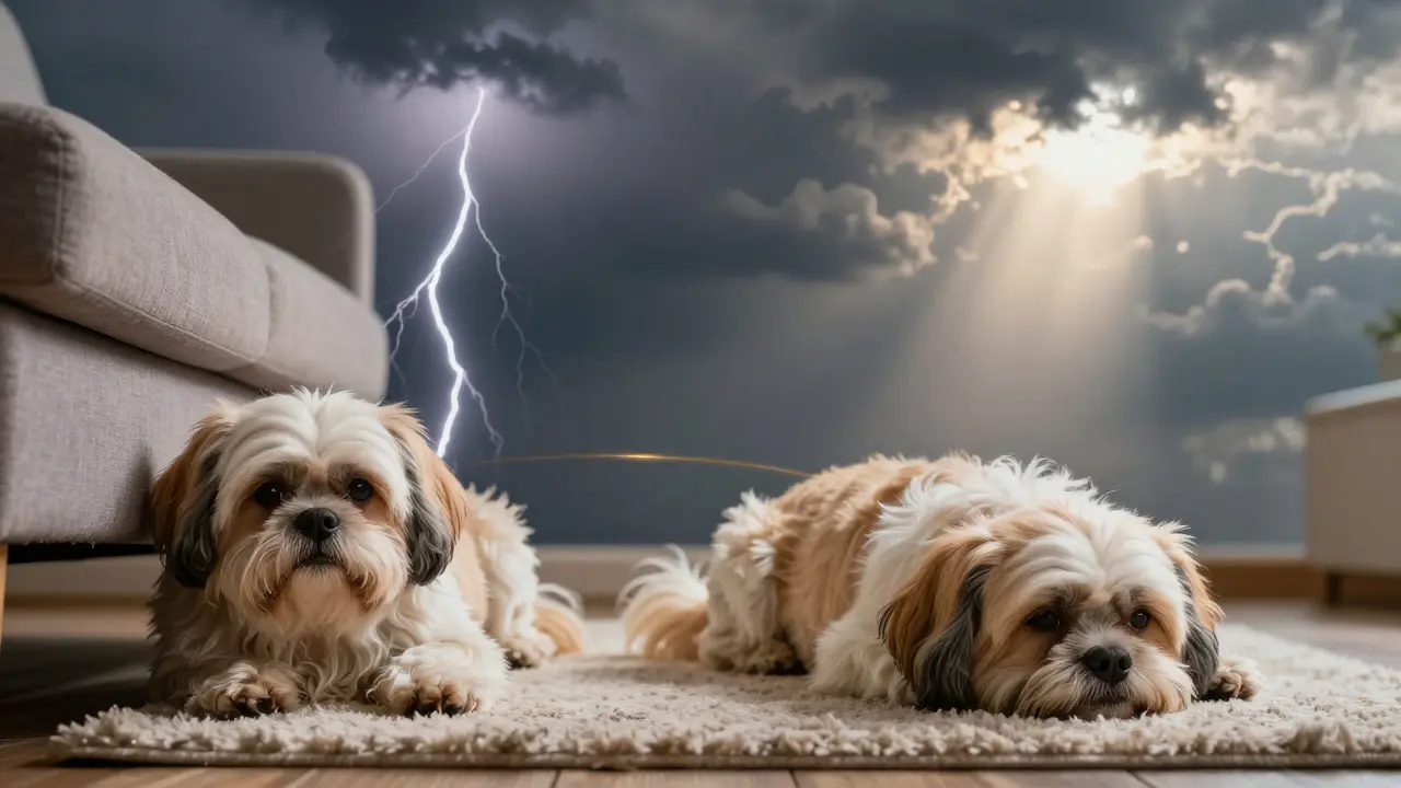 Zwei Szenen eines Hundes: einmal ängstlich unter dem Sofa, einmal ruhig auf dem Teppich.