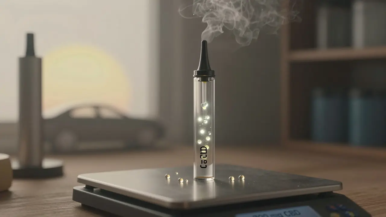 175 Lichtpunkte symbolisieren Züge aus einer CBD-Kartusche, einige verschwinden als Nebel, andere landen auf einer Waage mit 700 mg CBD.