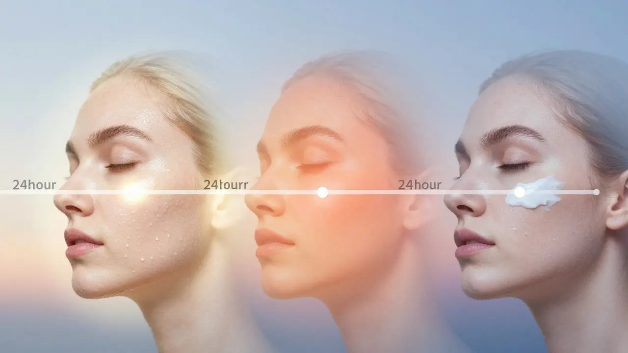 24-Stunden-Verlauf der CBG-Wirkung auf der Haut: Morgens, mittags und abends mit Lichtverläufen.