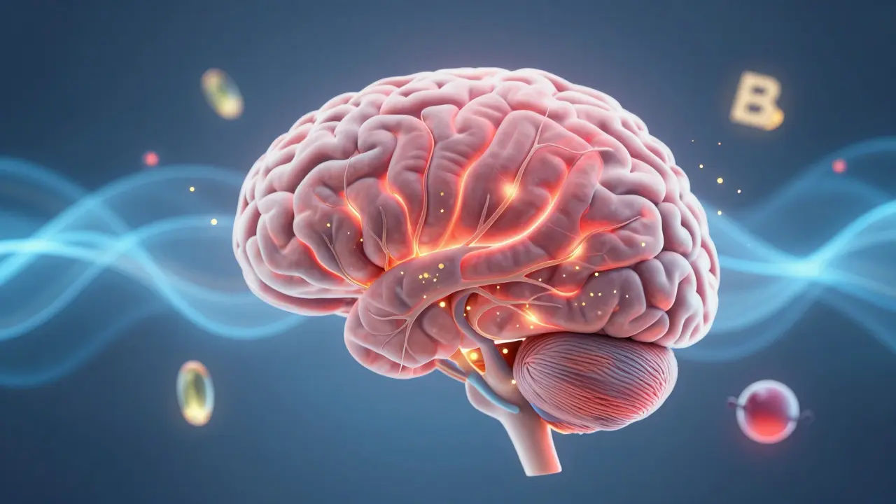 Abstrakte Darstellung eines Gehirns mit entzündungsmindernden goldenen Partikeln und beruhigenden Wellen.