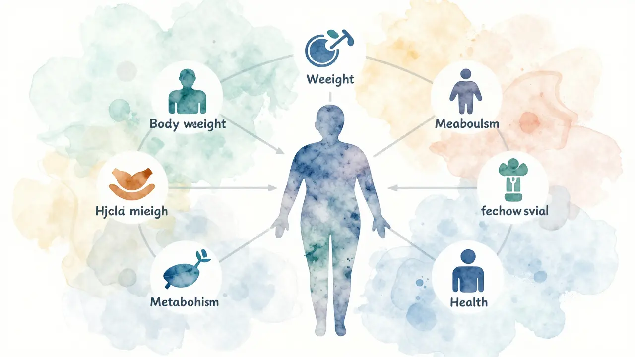 Abstrakte Symbole für Gewicht, Stoffwechsel und Gesundheit in Wasserfarben