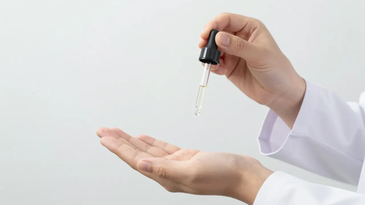 Apothekerin gibt Tropfen aus einer Dropper-Flasche in die Hand eines Patienten. Professionelle medizinische Umgebung.