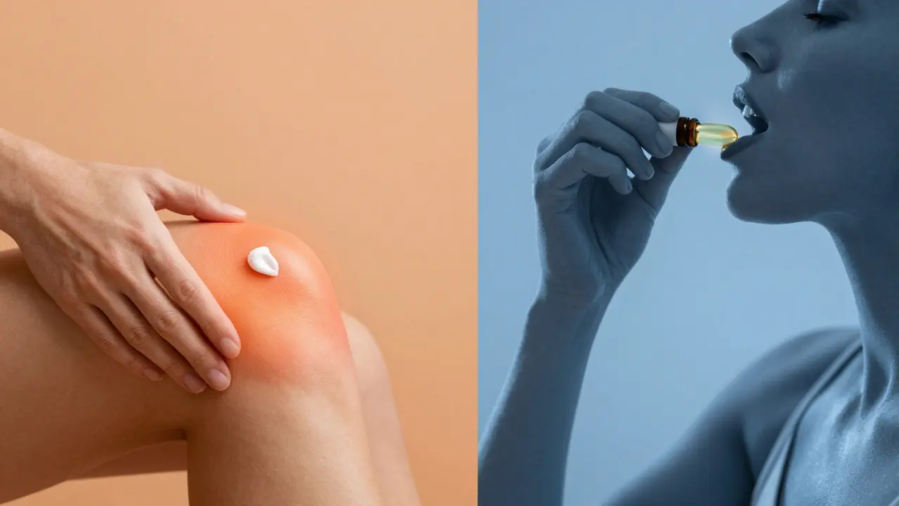 CBD-Creme auf Knie lokal; CBD-Öl-Kapseln systemisch