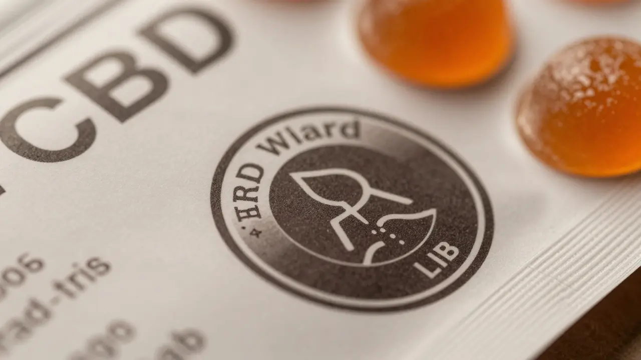 CBD-Packung mit Laborzertifikat-Siegel und Textur