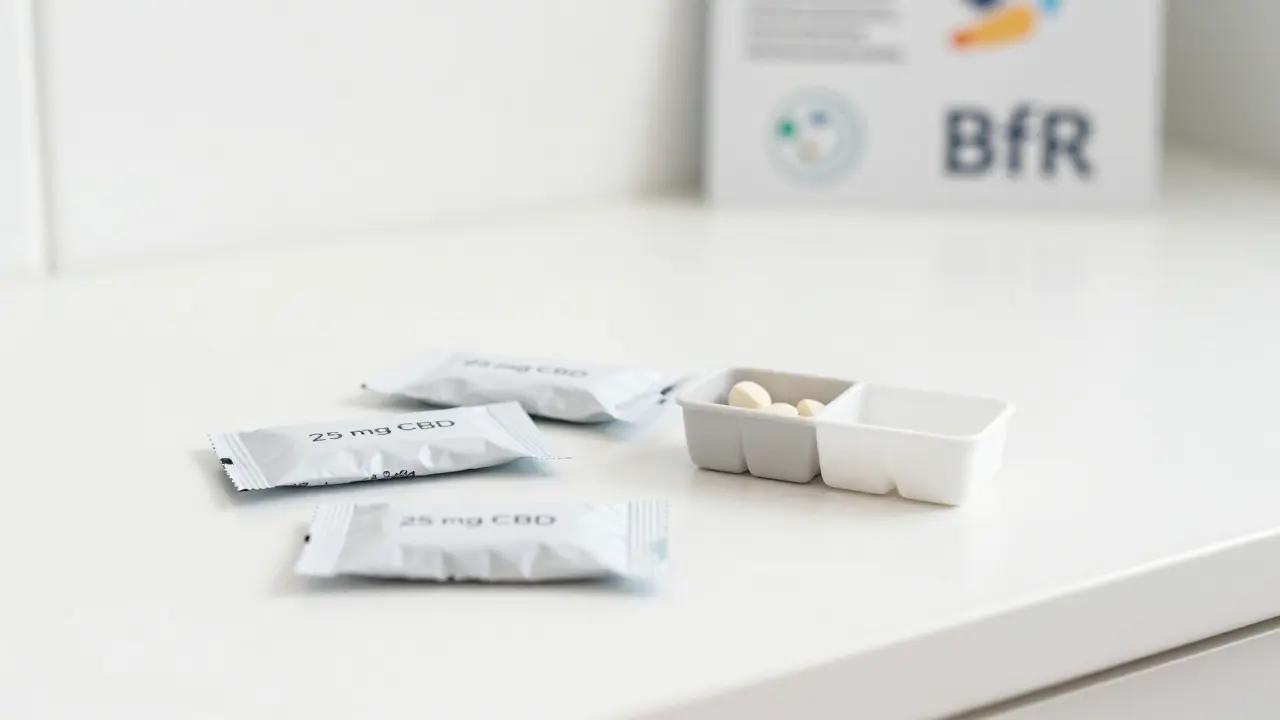 Drei CBD-Kaugummi-Packungen neben einem Pillenorganizer mit gefüllten und leeren Fächern.