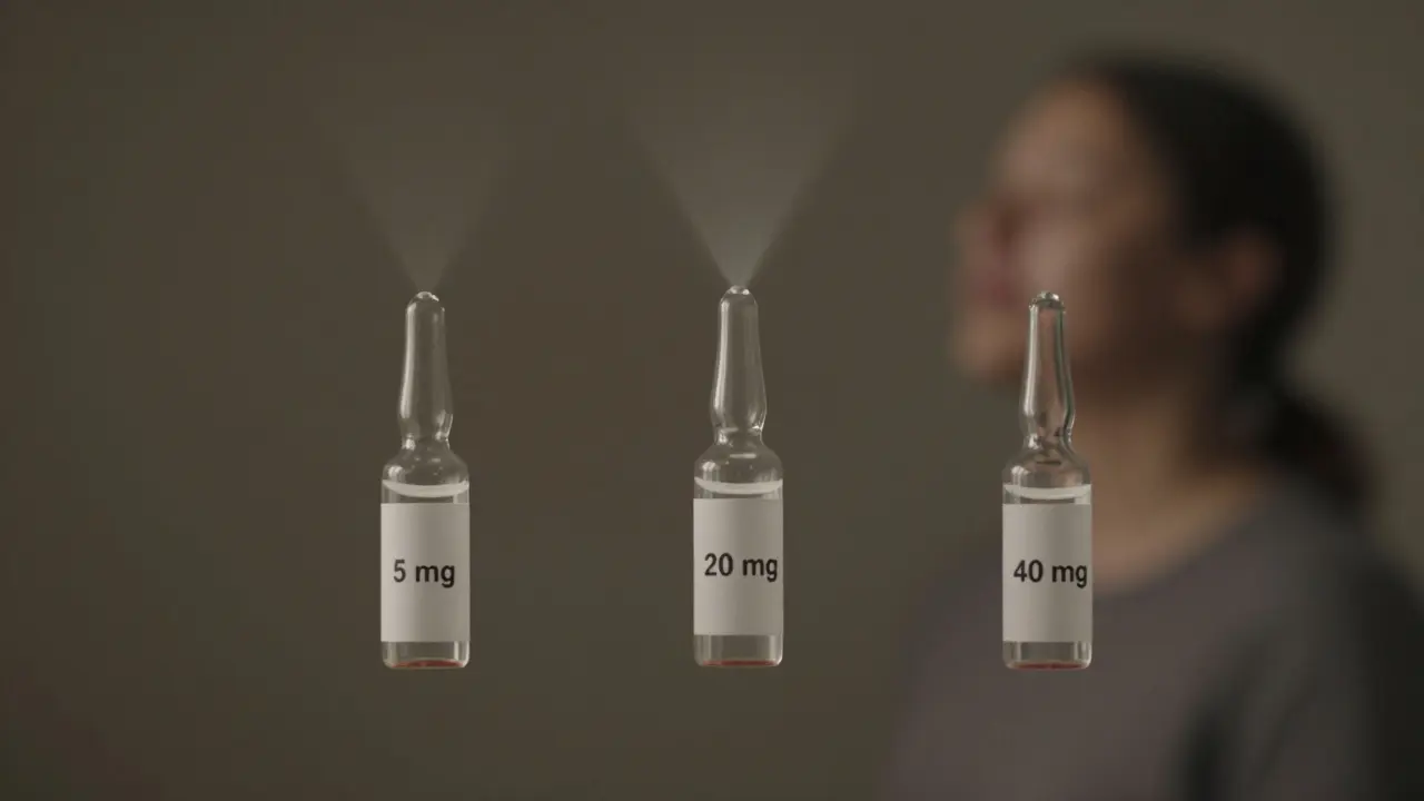 Drei durchscheinende Flaschen mit 5 mg, 20 mg und 40 mg CBD, die sanft Licht aussenden.