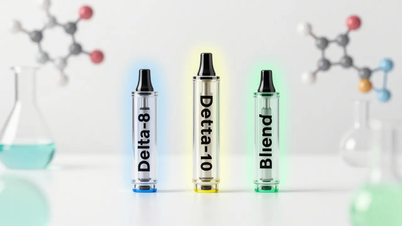 Drei H4CBD-Vape-Kartuschen mit Delta-8, Delta-10 und Mischung, neben molekularen Strukturen auf weißem Hintergrund.