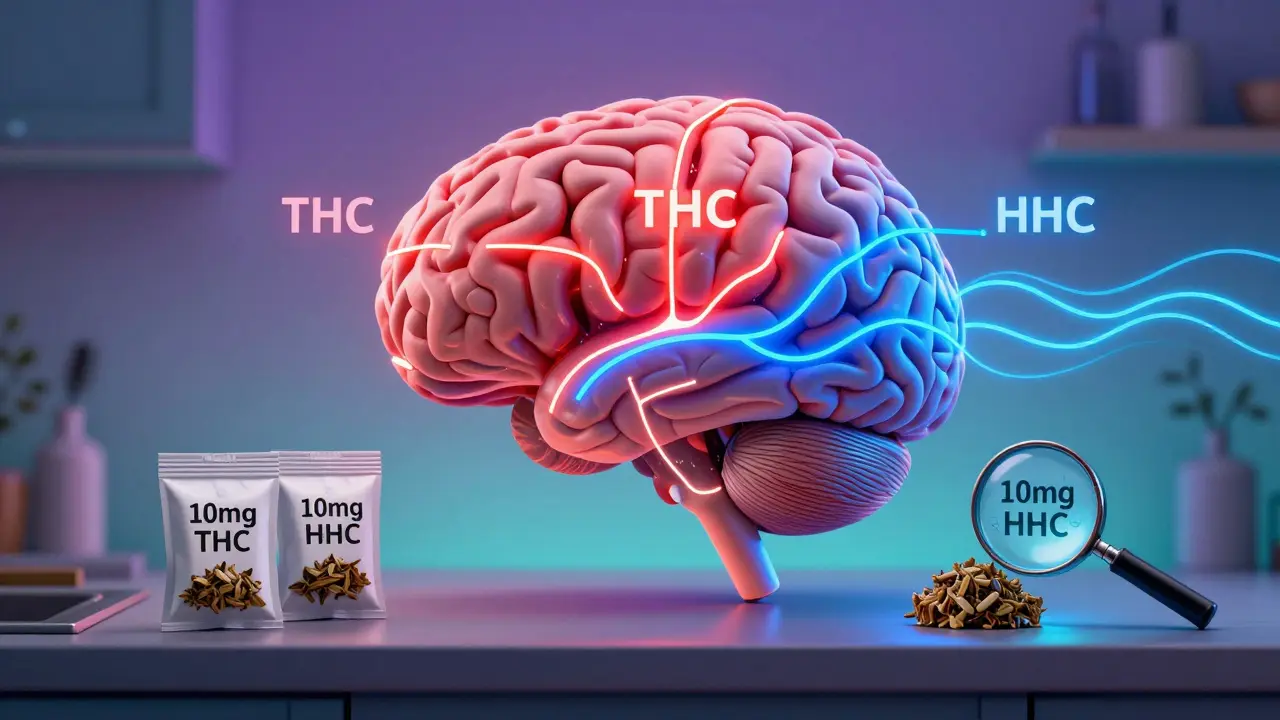 Ein Gehirn mit zwei unterschiedlichen Wirkungswegen: THC als intensive rote Stöße, HHC als sanfte blaue Wellen.